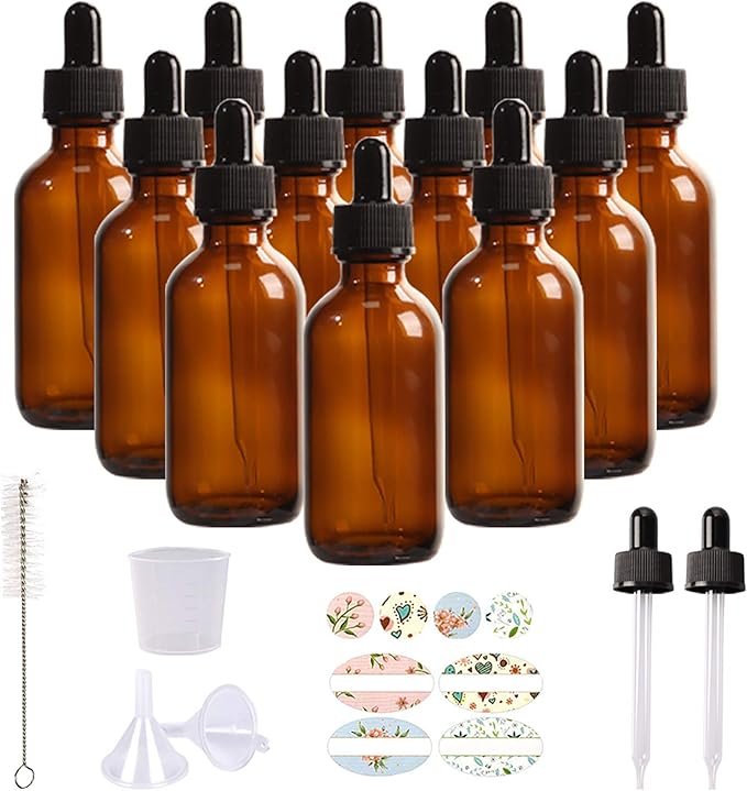 12 Pack 2oz Amber Glass Bottles with Glass Eye Droppers
